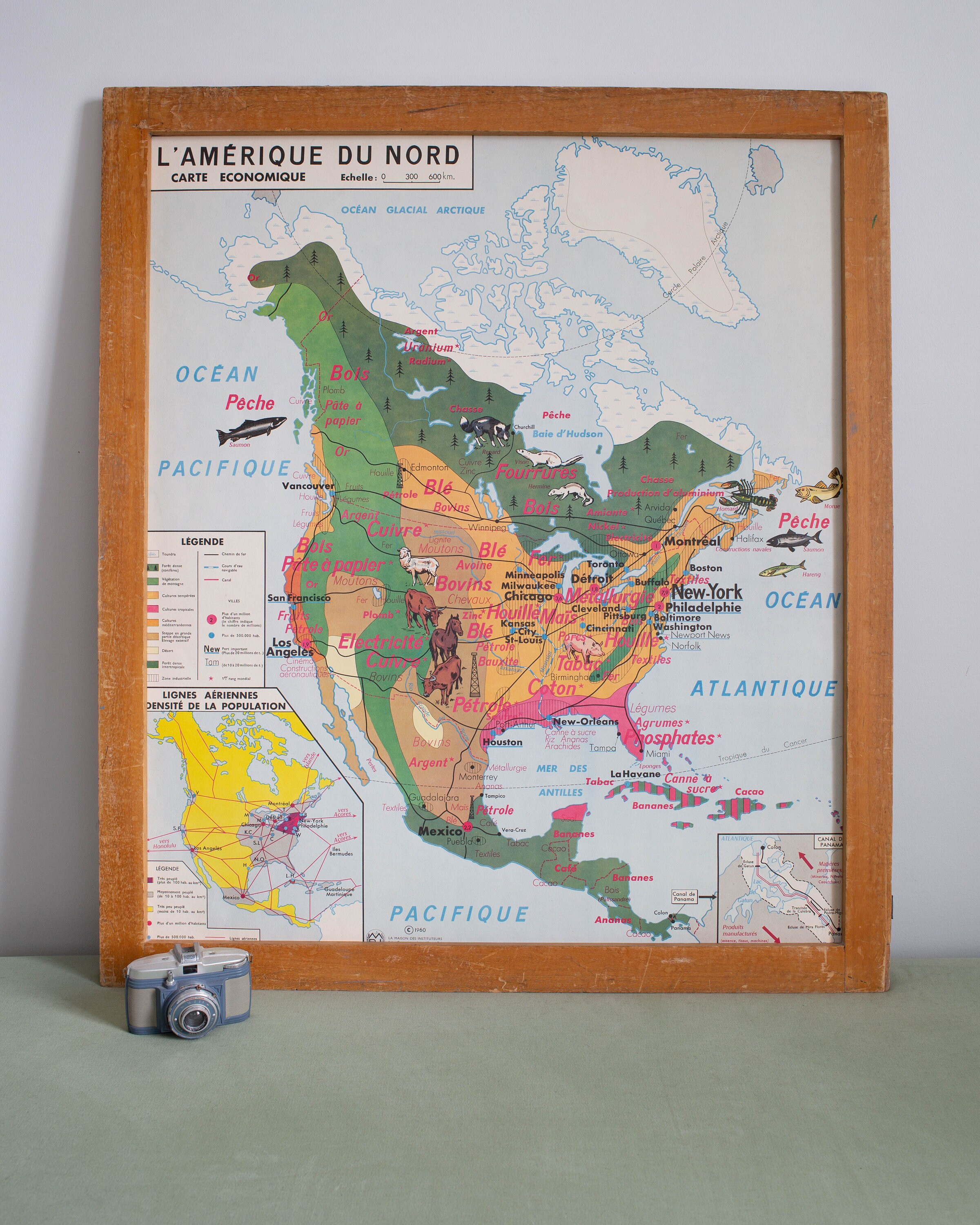 L'amérique Du Nord - L'asie Grande Carte de Géographie Vintage Affiche Scolaire Double Face Des Anné