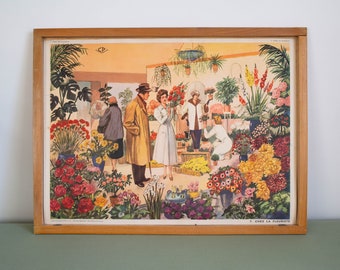 Vintage French school poster. Double sided .1950's. Original. At the florist - The Christmas tree