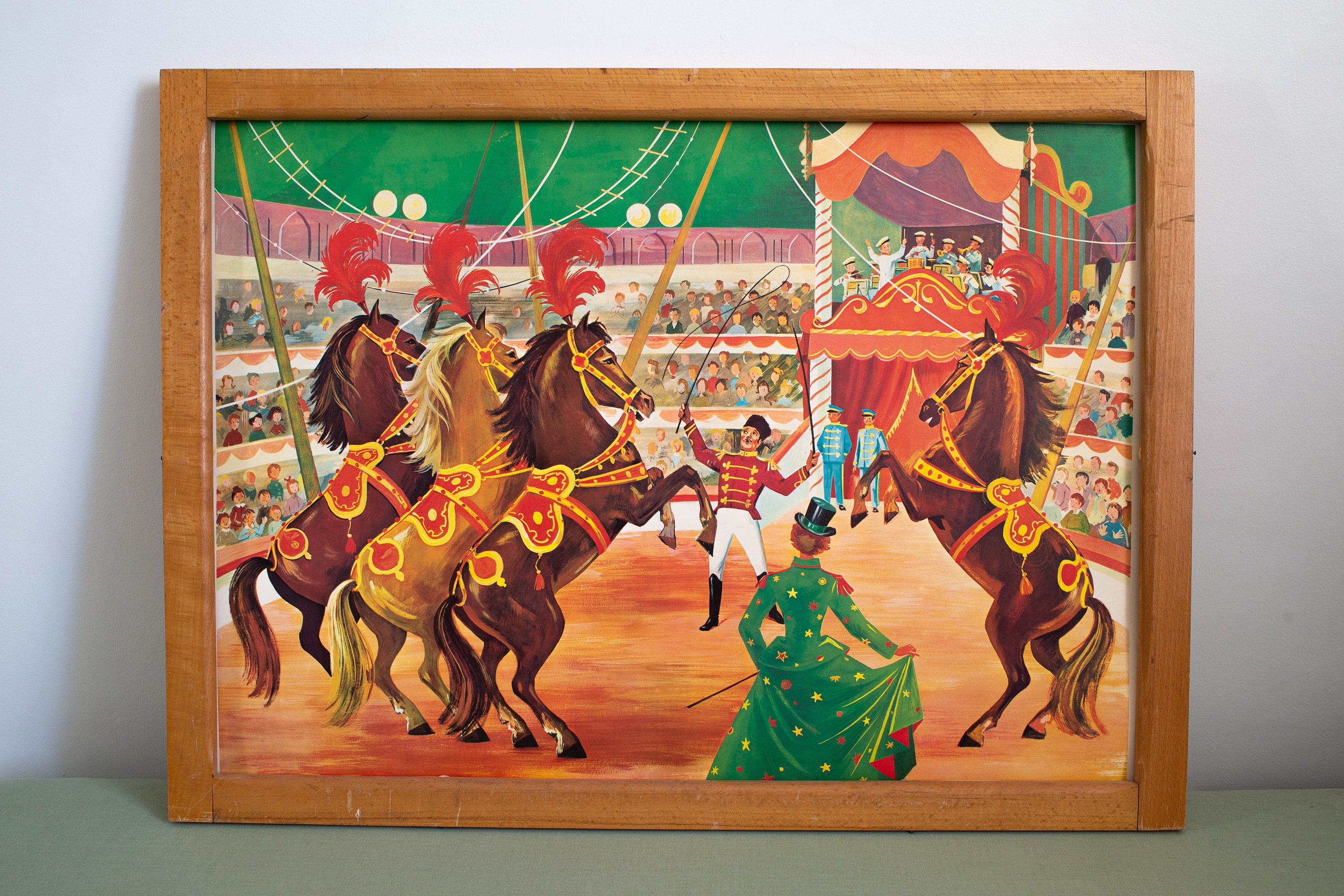 Affiche Pédagogique Vintage - Les Chevaux Savants Signée Hélène Poirier 1950