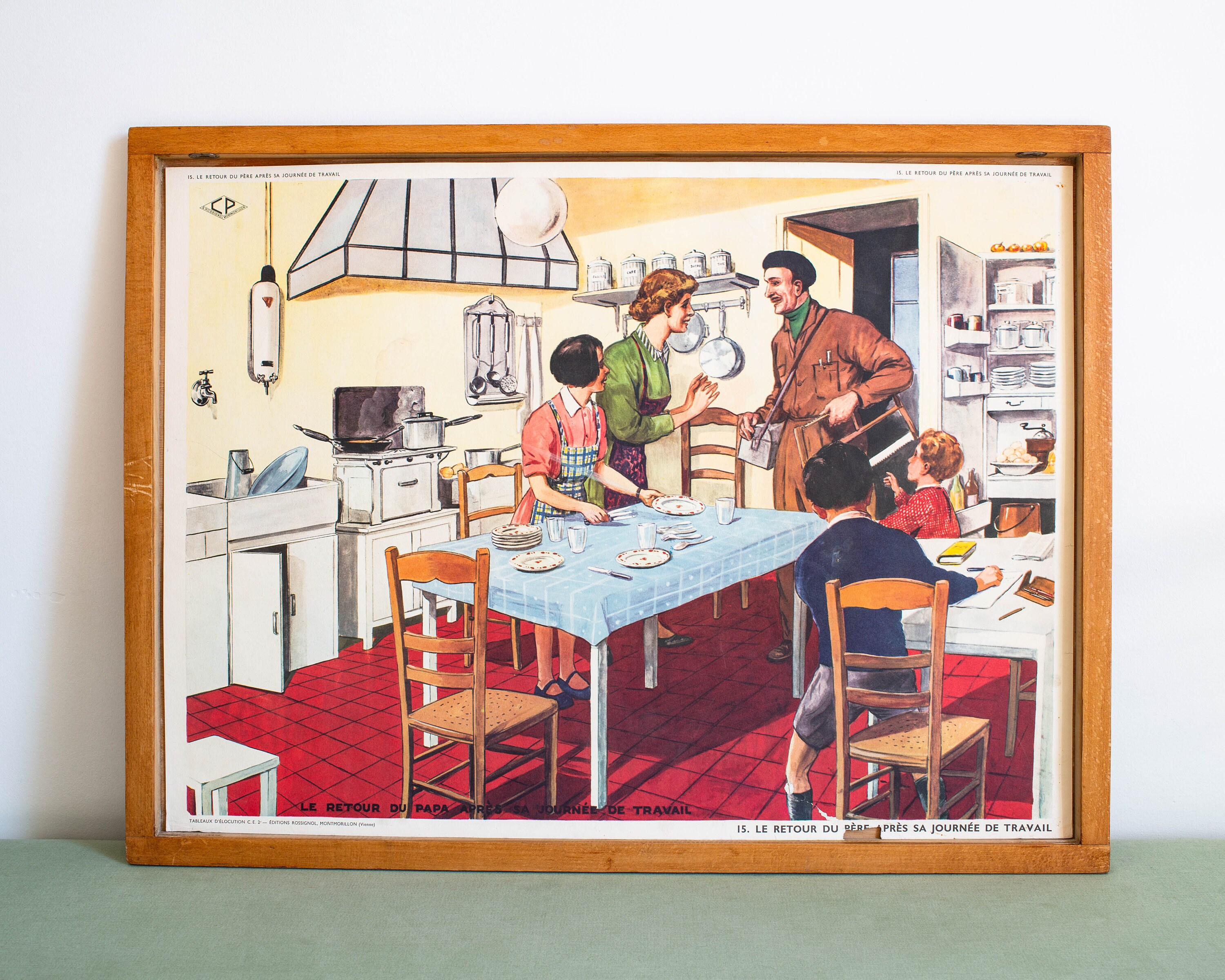 Vintage - Affiche Scolaire Double Face Des Années 1950 École Française Le Retour Du Père Après Le Tr