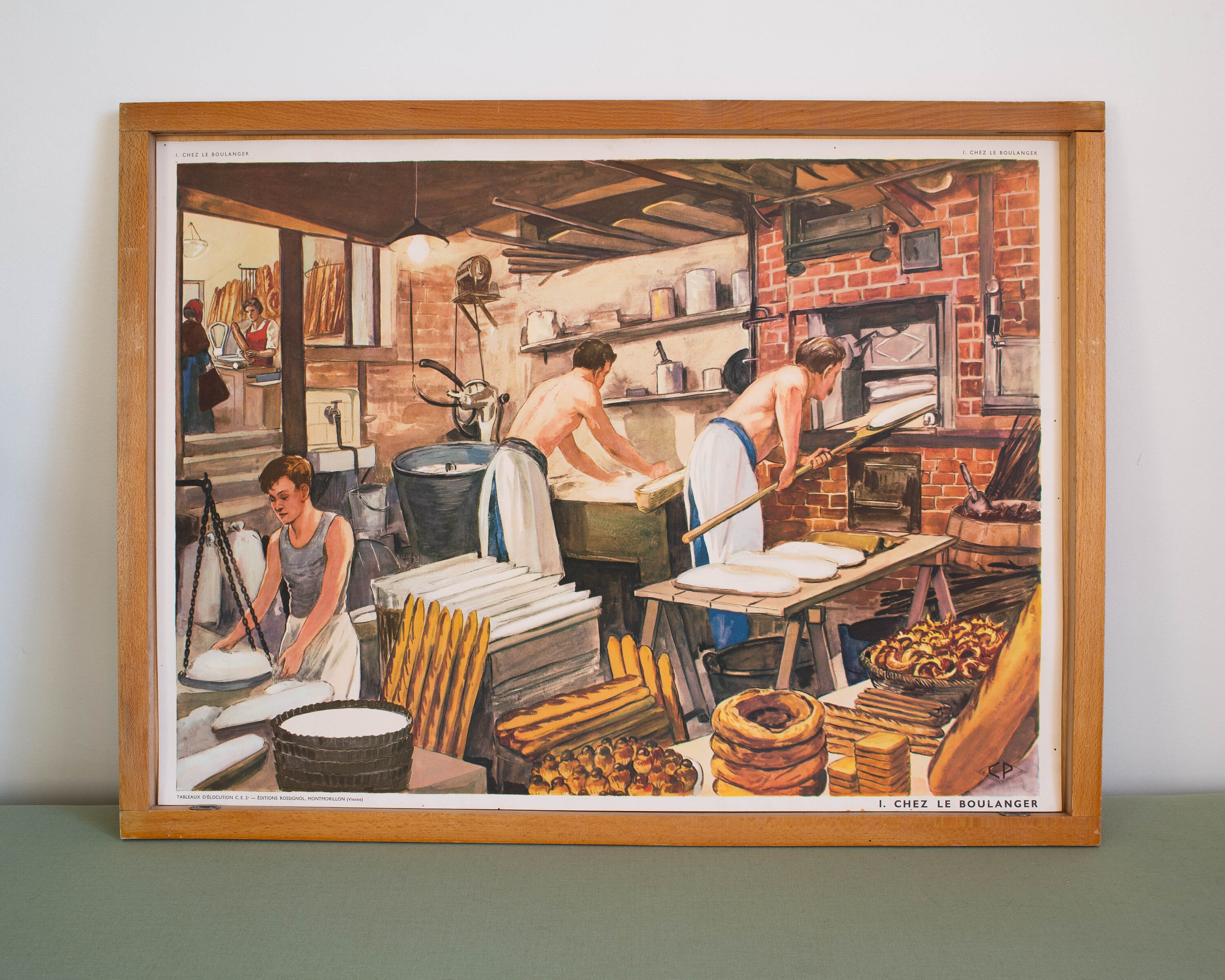 Vintage - Affiche Scolaire Double Face Des Années 1950 École Française Chez Le Boulanger L'épicier