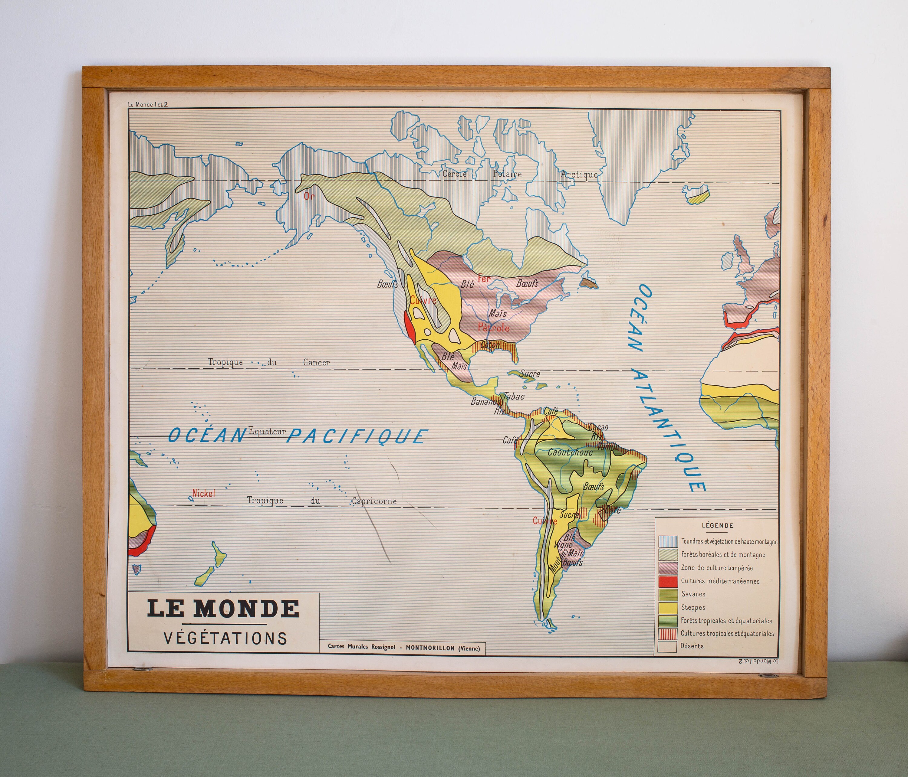 Le Monde - Carte de Géographie Vintage Affiche Scolaire Double Face Des Années 60.