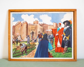 Vintage - French school poster. ROSSIGNOL - Double sided .1950's. Original. Assassination of Henri Iv - Richelieu razes a castle