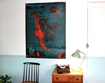 North AMERICA - ASIA - Very Big Map GEOGRAPHY - Vintage - School Double-sided poster of the 1960s. Wall Charts