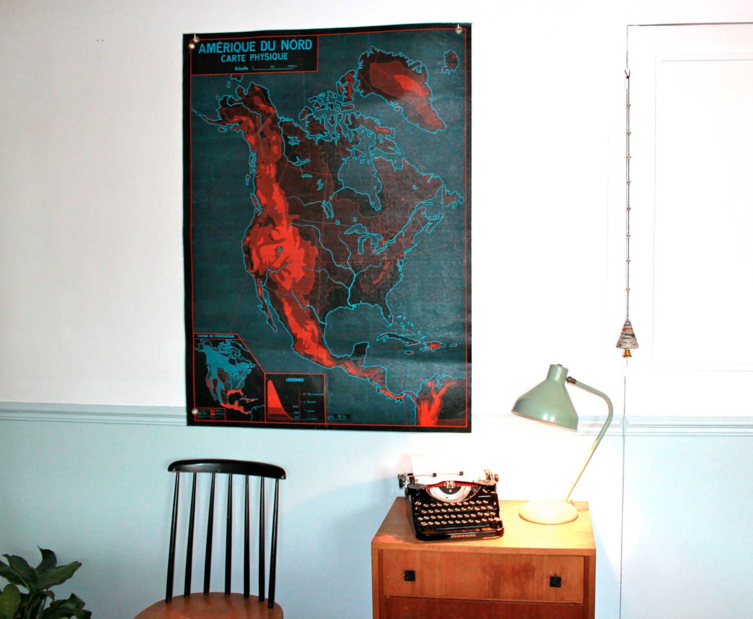 Amérique Du Nord - Asie Très Grande Carte de Géographie Vintage Affiche Scolaire Double Face Des Ann