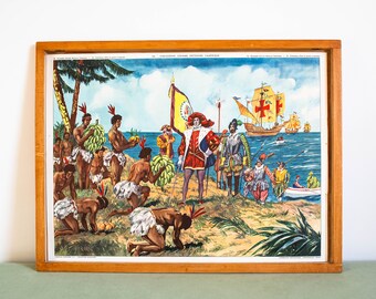 Vintage French school poster. Double sided .1950's. Original. Gutemberg uses the printing press / Christopher Columbus discovers America