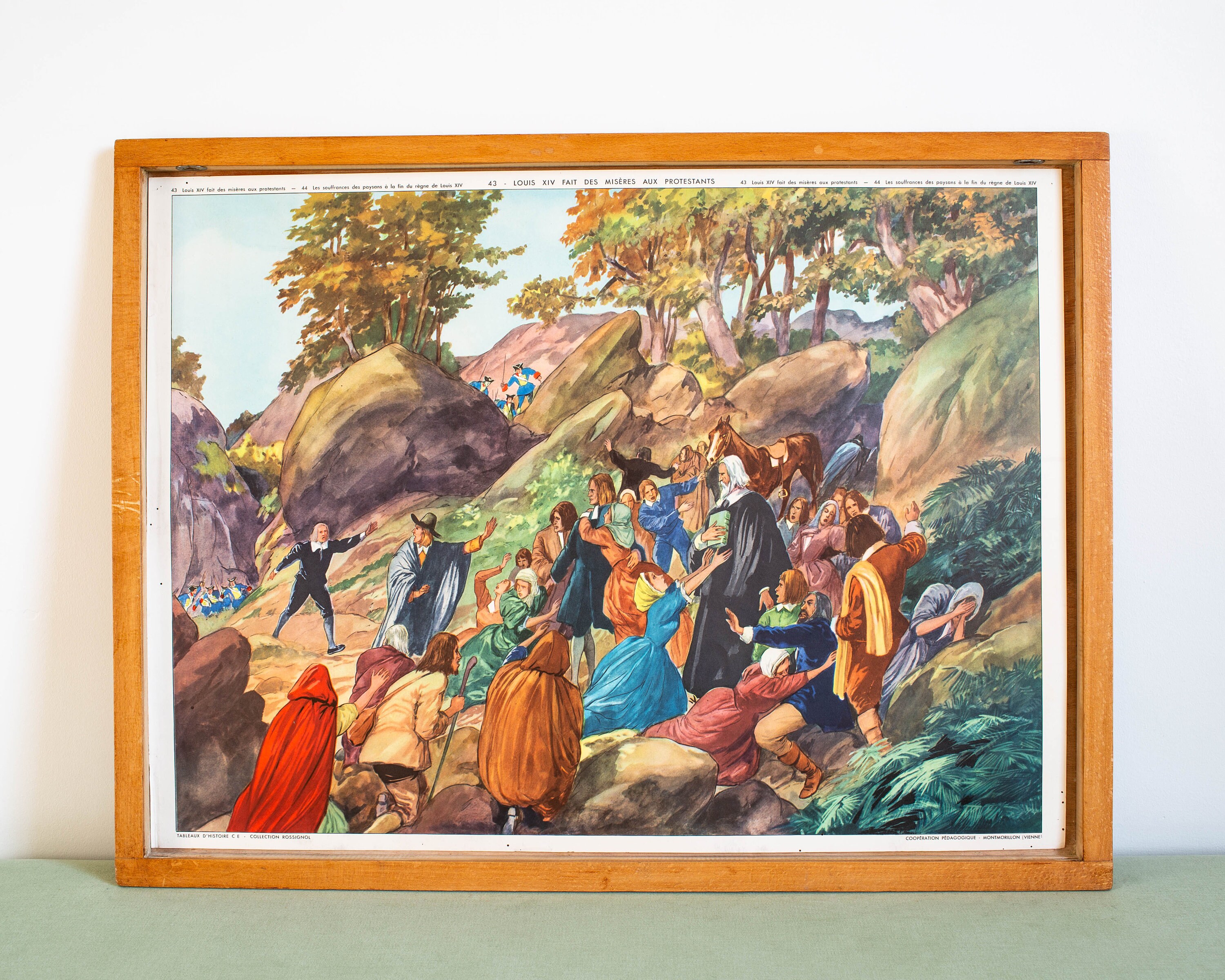 Vintage Affiche Scolaire Double Face 1950 - École Française Louis Xiv Fait Des Misères Au Protestant