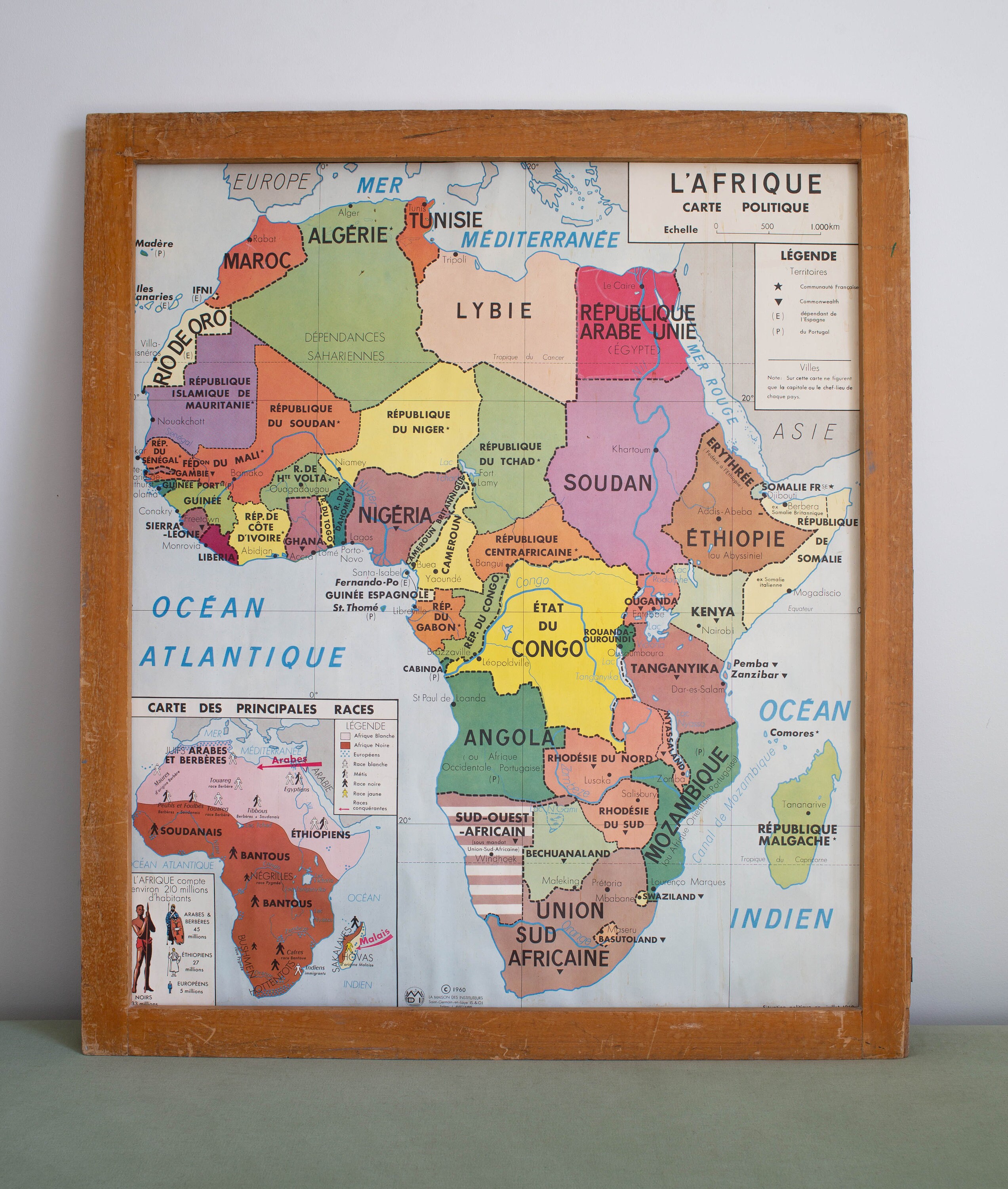 L'amérique Du Sud - L'afrique Grande Carte de Géographie Vintage Affiche Scolaire Double 1960. Écono