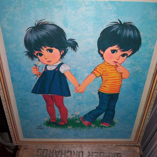 mod  1960's LOVE IS Artist   Lee  big eyed girl  and boy  picture first love on corkboard