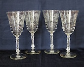 Four (4) Rock Sharpe quot Halifax quot Pattern Wine Glasses 7-7 8 quot Tall 1940s Cut Etched Stemware Libbey