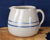 6 quot 2 Qt. Primitive Salt Glazed Stoneware Pitcher with Blue Bands Stripes 2 Qt. Capacity Farmhouse Rustic
