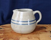4.5 quot 1 Qt. Primitive Salt Glazed Stoneware Pitcher with Blue Bands Stripes 1 Qt. Capacity Farmhouse Rustic