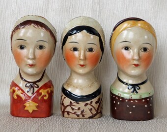 Vintage Hand-Painted Set of Three (3) Ceramic "Lady Head" Wall Pockets ~ Vases ~ 6-3/8" x 2-3/4" ~ Gemma Taccogna? ~ 1950s