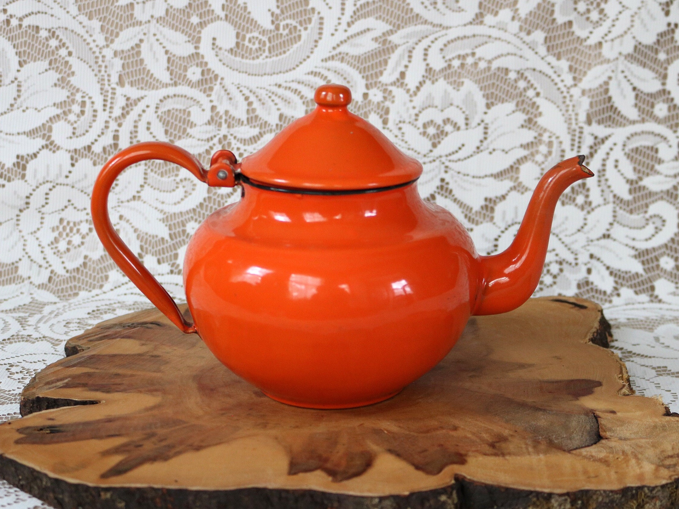 Vintage Orange Enamel Teapot Enamelware Tea Pot Small Etsy