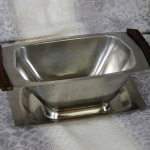Mid Century Sauce Bowl With Attached Drip Tray And Ladle Stainless Steel