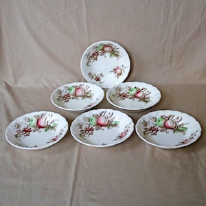 Johnson Bros. ~ Harvest Time ~ 5-1/4&quot; Fruit/Dessert (Sauce) Bowl ~ Set of (6) Six ~ 1967-78 ~ Brown ~ Scalloped ~ Fruit & Leaves ~ England