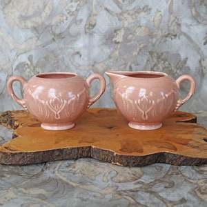 1940s Woodfield Footed Creamer & Footed Sugar Bowl by Steubenville ~ Salmon Pink ~ Coral ~ Retro ~ Vintage ~ Steubenville, Ohio ~ Leaf