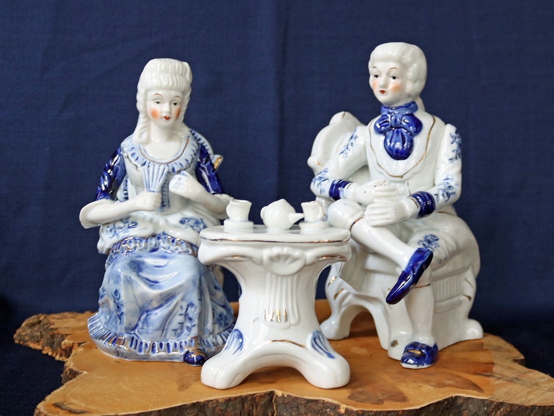 Vintage Blue and White Porcelain Figurines Victorian Era Courting Blue &  White Decor Victorian 3 Pieces Hand Painted Tea Time 
