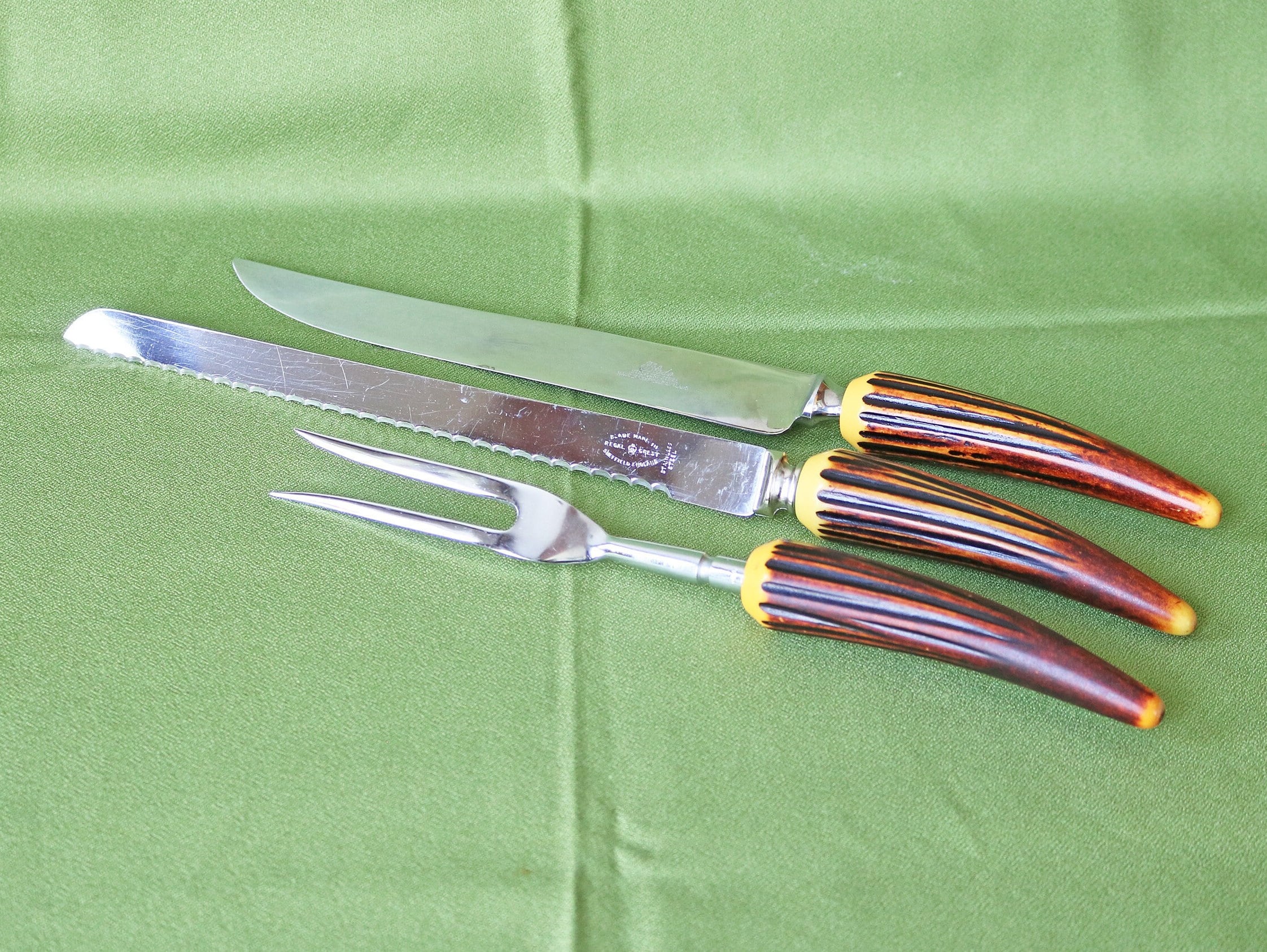 Vintage Reed & Barton Sterling Silver Roast Carving Fork/Knife/Sharpener  Set - 3 Piece Set