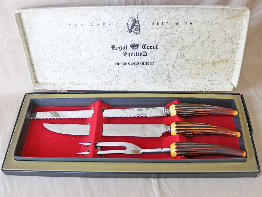 3 Piece Stainless Steel, Carving Set Regal Crest Sheffield England Boxed  Faux Antler Two Knives & Meat Fork 