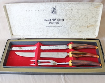 3 Piece Stainless Steel, Carving Set - Regal Crest ~ Sheffield ~ England ~ Boxed ~ Faux Antler ~ Two Knives & Meat Fork
