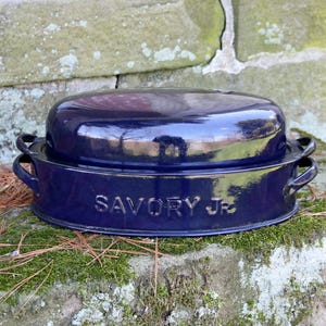 May include: A dark blue, oval-shaped casserole dish with a matching lid. The dish has two handles and the words "SAVORY JR" are embossed on the side. The dish is sitting on a moss-covered stone surface.