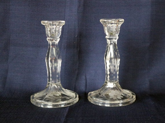 New Martinsville Glass Candlesticks VINTAGE ELEGANT TALL Clear Crystal Cut
