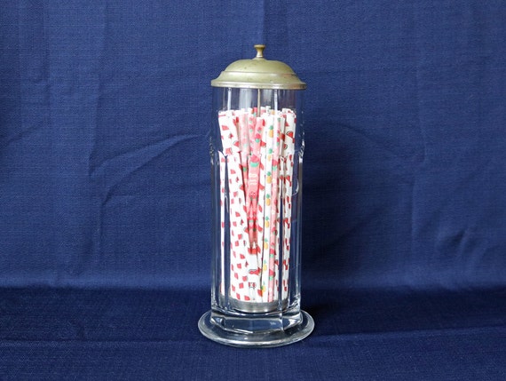 Straw Dispenser Antique/vintage Drug Store Soda Shop Diner Clear Glass and  Metal 1920s-30s With Metal Insert 