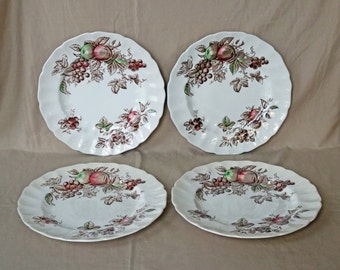 Johnson Bros. ~ Harvest Time ~ 10" Dinner Plate ~ Set of (4) Four ~ 1967-78 ~ Brown ~ Scalloped ~ Fruit & Leaves ~ Made in England