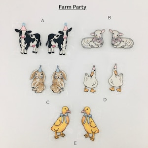 May include: A collection of embroidered farm animal patches, featuring cows, lambs, bunnies, geese, and ducks, all adorned with party hats. The patches are in various colours, with the text "Farm Party" above. Perfect for adding a playful element to craft projects.