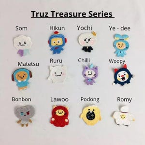 May include: Truz Treasure Series: A collection of 12 colorful felt patches featuring various cartoon characters. Each patch has a different name, such as Som, Hikun, Yochi, Ye-dee, Matetsu, Ruru, Chilli, Woopy, Bonbon, Lawoo, Podong, and Romy.