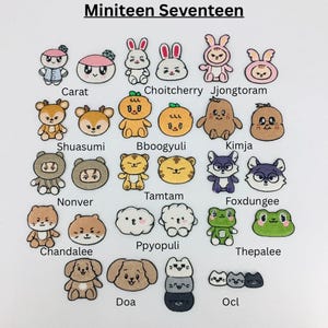 Op de afbeelding: Een verzameling geborduurde patches met verschillende cartoon dierenfiguren. De patches bevatten konijnen, herten, beren, tijgers, vossen, kikkers en katten, elk met unieke ontwerpen en namen. De tekst "Miniteen Seventeen" staat bovenaan.