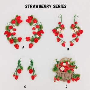 May include: Embroidered strawberry patches in various designs. The image features four different strawberry patch designs: two circular arrangements, two curved arrangements, two hanging strawberry stems, and a basket of strawberries. The text "STRAWBERRY SERIES" is at the top.