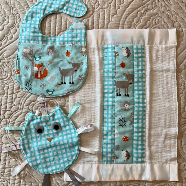 3 piece burpcloth, bib and Baby Owl Lovie set