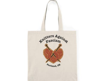 Knitters Against Fascism Natural Tote Bag | Portland knitting heart logo
