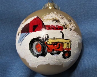 Antique tractor, cream and orange, winter farm scene, barn, hand painted direct from artist, glass ball shaped  ornament