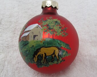 horse ornament; country barn scene,  round glass Christmas ornament hand painted by artist