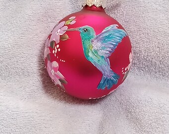 Hummingbird glass ornament;  sphere shaped, gold glass,  hand painted ornament from local artist;  direct from artist; original art