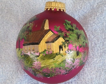 Church ornament, satin finish dark pink glass ball type,hand painted, direct from artist