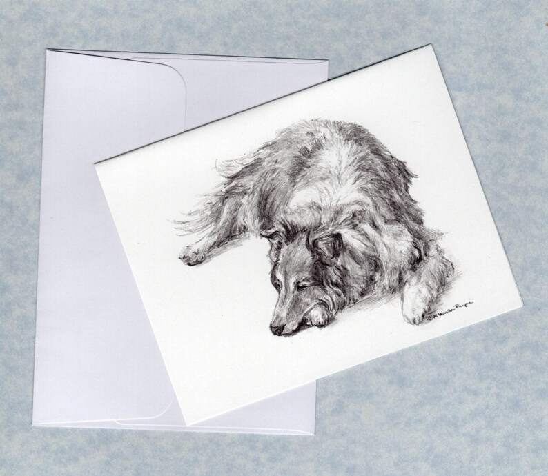 May include: A pencil sketch of a Collie dog resting on a white card. The dog is lying down, with its head lowered. A white envelope is visible in the background. The artwork is detailed and realistic.