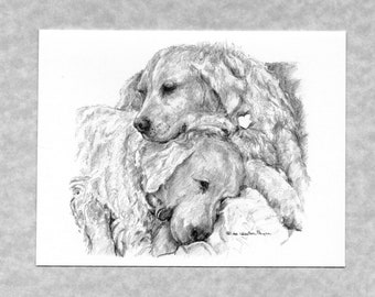 Golden retrievers, 2 dogs sleeping; 6 note cards and envelopes; reprint from my graphite work; direct from artist