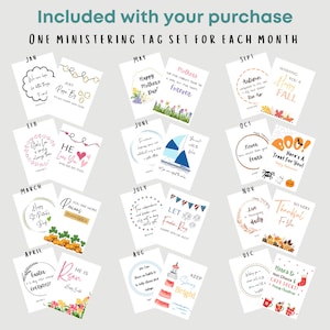 Puede incluir: Un conjunto de 12 etiquetas de regalo imprimibles con diferentes dise&ntilde;os para cada mes del a&ntilde;o. Las etiquetas incluyen ilustraciones y texto relacionados con cada mes, como un tr&eacute;bol para marzo, una calabaza para octubre y una media de Navidad para diciembre.