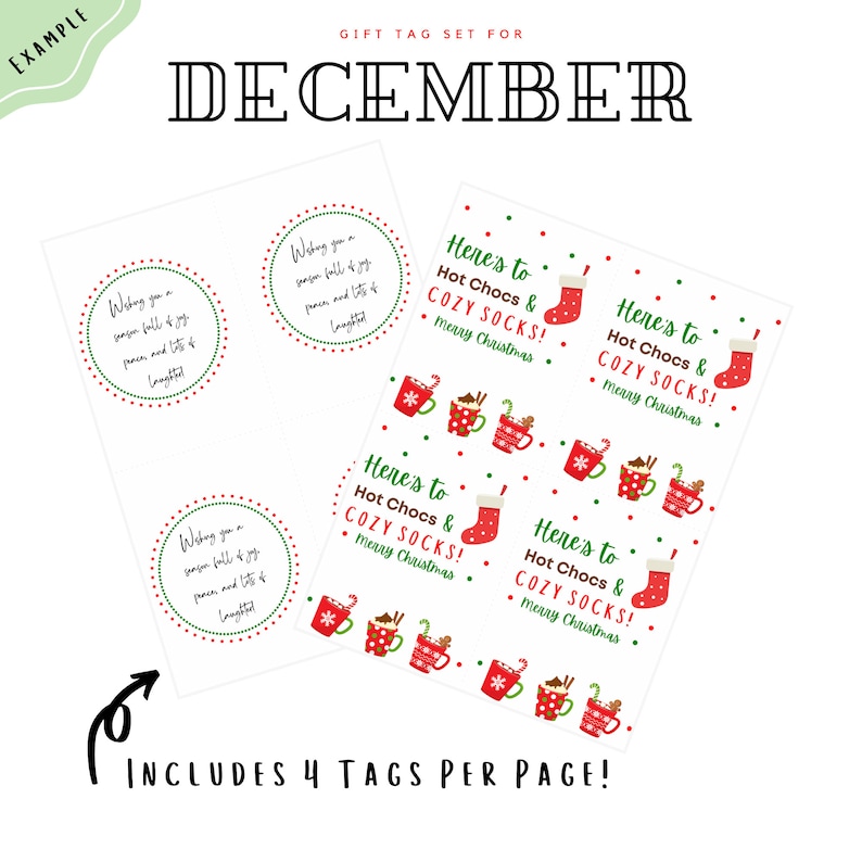 Puede incluir: Cuatro etiquetas de regalo imprimibles con un tema navide&ntilde;o. Las etiquetas presentan ilustraciones rojas y verdes de tazas de chocolate caliente, calcetines acogedores y el texto "Here's to Hot Chocs & Cozy Socks! Merry Christmas".