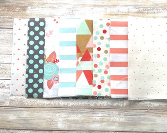 Coral Floral Fabric Bundle: 8 Made to Match coordinating Fabrics for Appliqué; Heat and Bond lite applied. 8inx8in