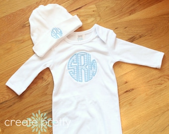Custom BOY Monogrammed Appliqué baby gown (add a hat too)