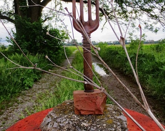 Object of Art displayed, or Garden Style Sculpture...vintage garden tool on brick fragment base...artsy farmhouse, faded prairie, cottage...