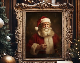 May include: A framed portrait of Santa Claus wearing a red suit with white trim and a white beard. The frame is ornate and gold in color.