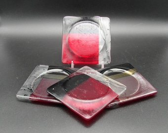 Red and Black Fused Glass Coasters Set of 4