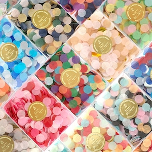 May include: Assortment of colorful confetti in clear plastic containers. Each container has a gold sticker with the text "Party & Festive Confetti" and a gold circle with the text "Mr. & Mrs."