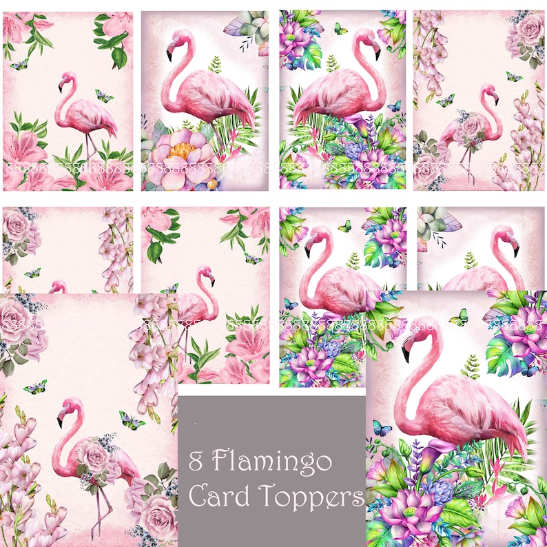 Flamingo Printable Cards Flamingo card toppers set of 8 Instant Digital Download Craft Supplies Scrapbooking Flamingo card making